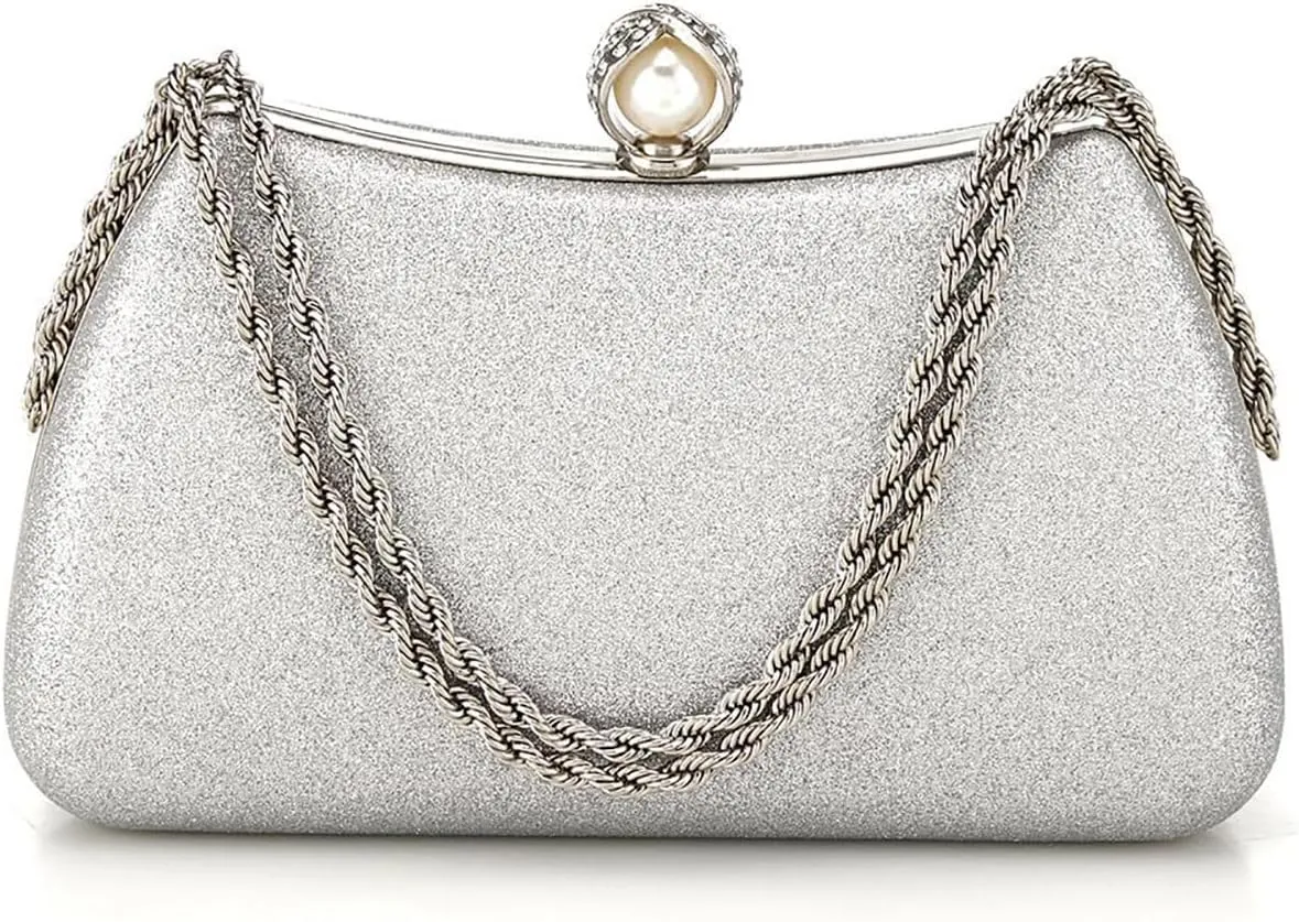 Clutch Purses for Women Shiny Wedding Silver Clutch Cross Body Bag Purses with Chain,Wedding Prom Party Club
