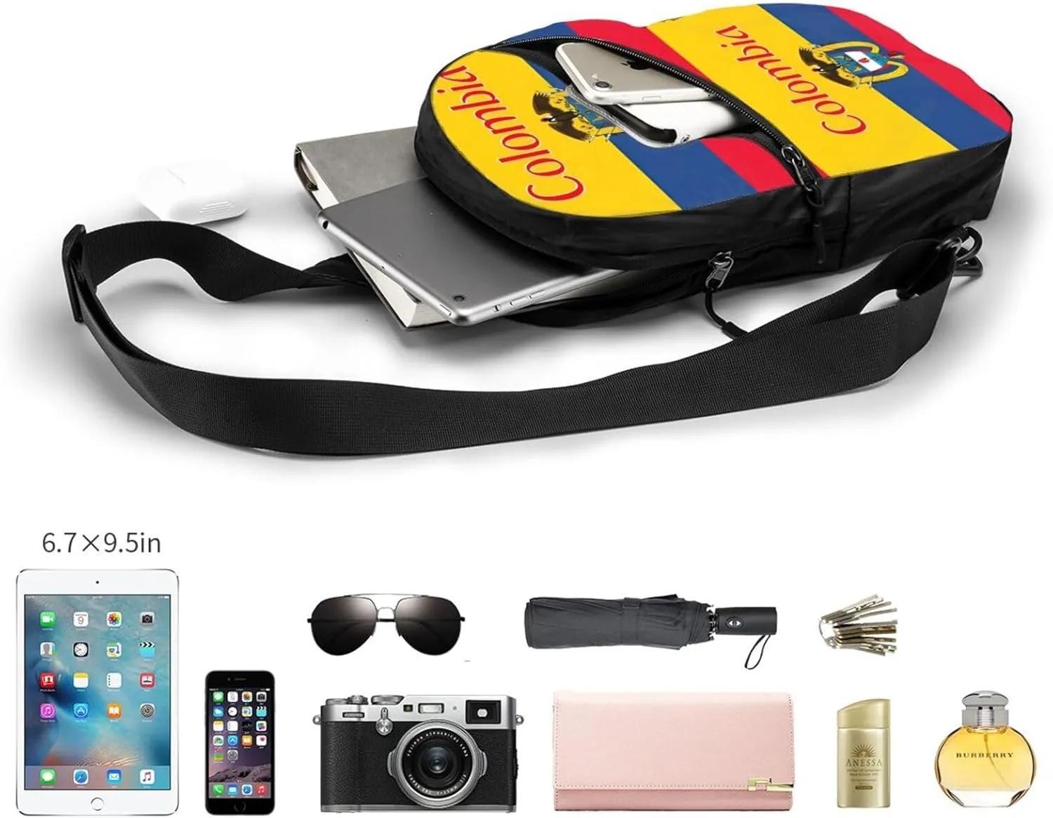 Colombia Coat of Arms Flag Colombian Flags Packable Crossbody Bag Portable Sling Bags Foldable Travel Daypack Reusable Sports Shoulder Backpack Diagonally Chest Bag for Workout