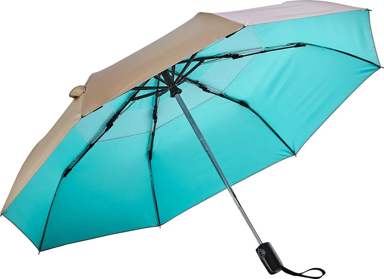 Coolibar UPF 50  42 Inch Sodalis Travel Umbrella - Sun Protective (One Size- Gold/Aqua Metallic)