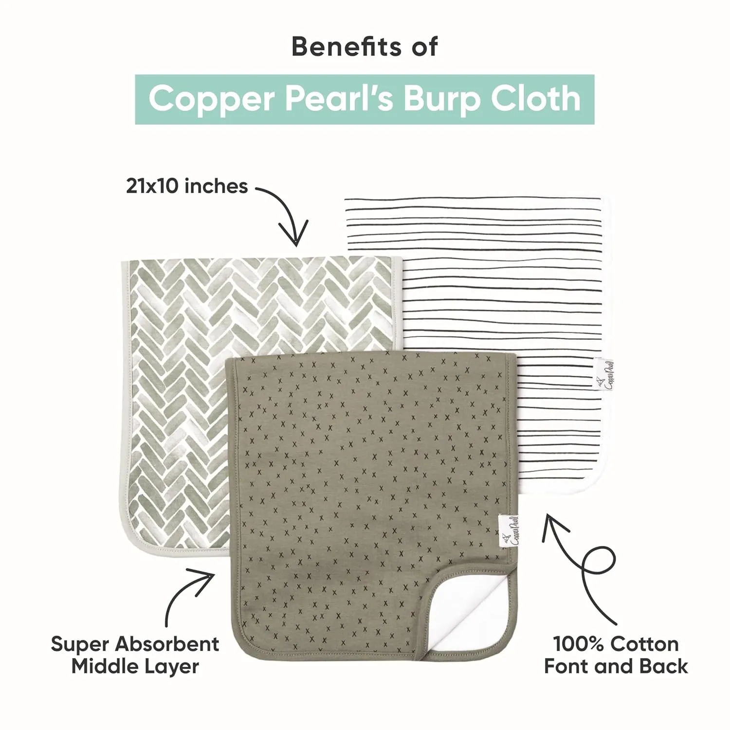 Copper Pearl Premium Baby Burp Cloths - 3-Pack Large Cotton Burp Cloths, Extra Soft Spit Up Rags with 3 Absorbent Layers, Perfect for Baby Boy and Baby Girl Gifts (21" x 10" Size, Chip Set)