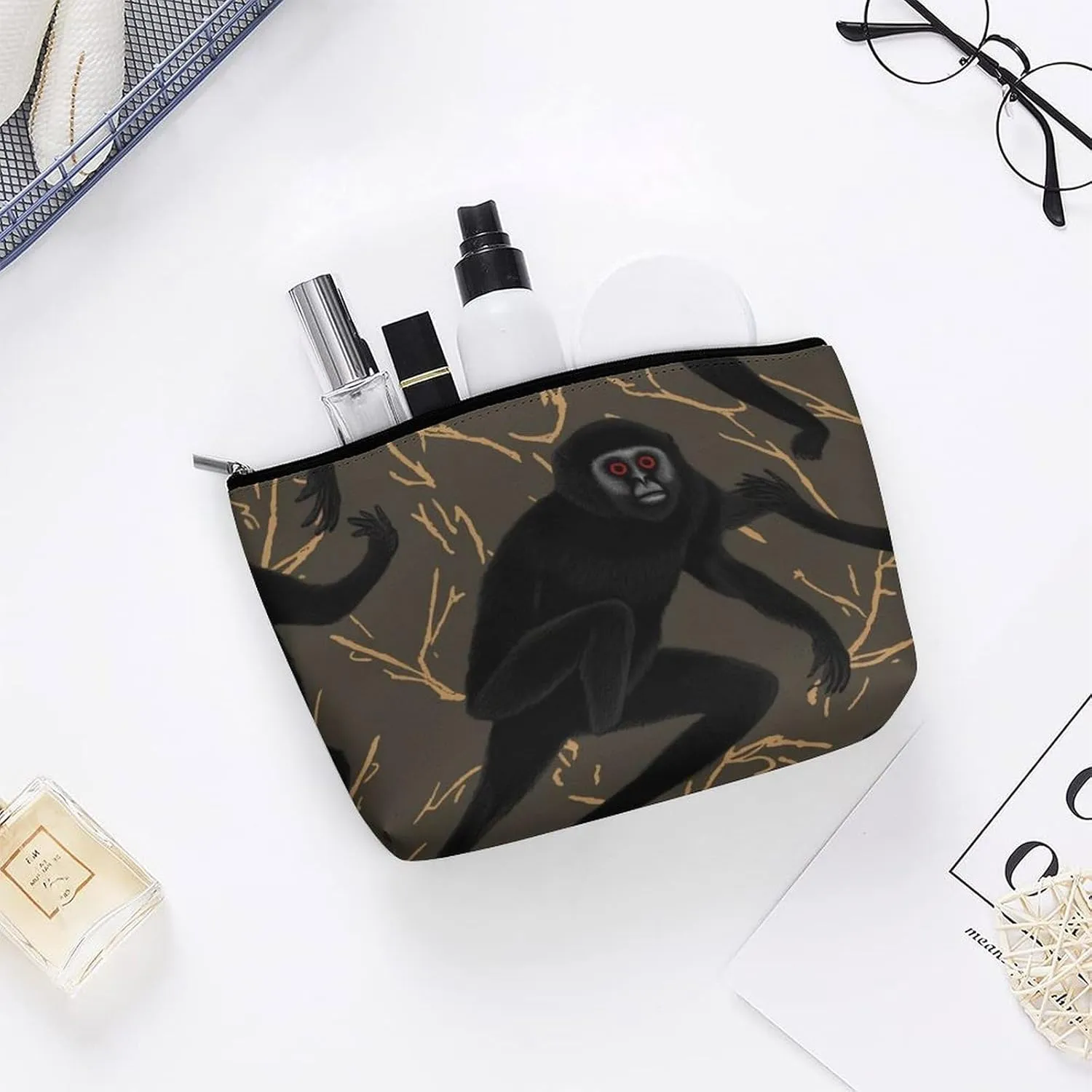 Cosmetic Bag Travel Makeup Bag Waterproof Toiletry Bag Black Gibbon Monkey Makeup Organizer Case Portable Toiletry Pouch Large Capacity Zipper Pouch for Women Men