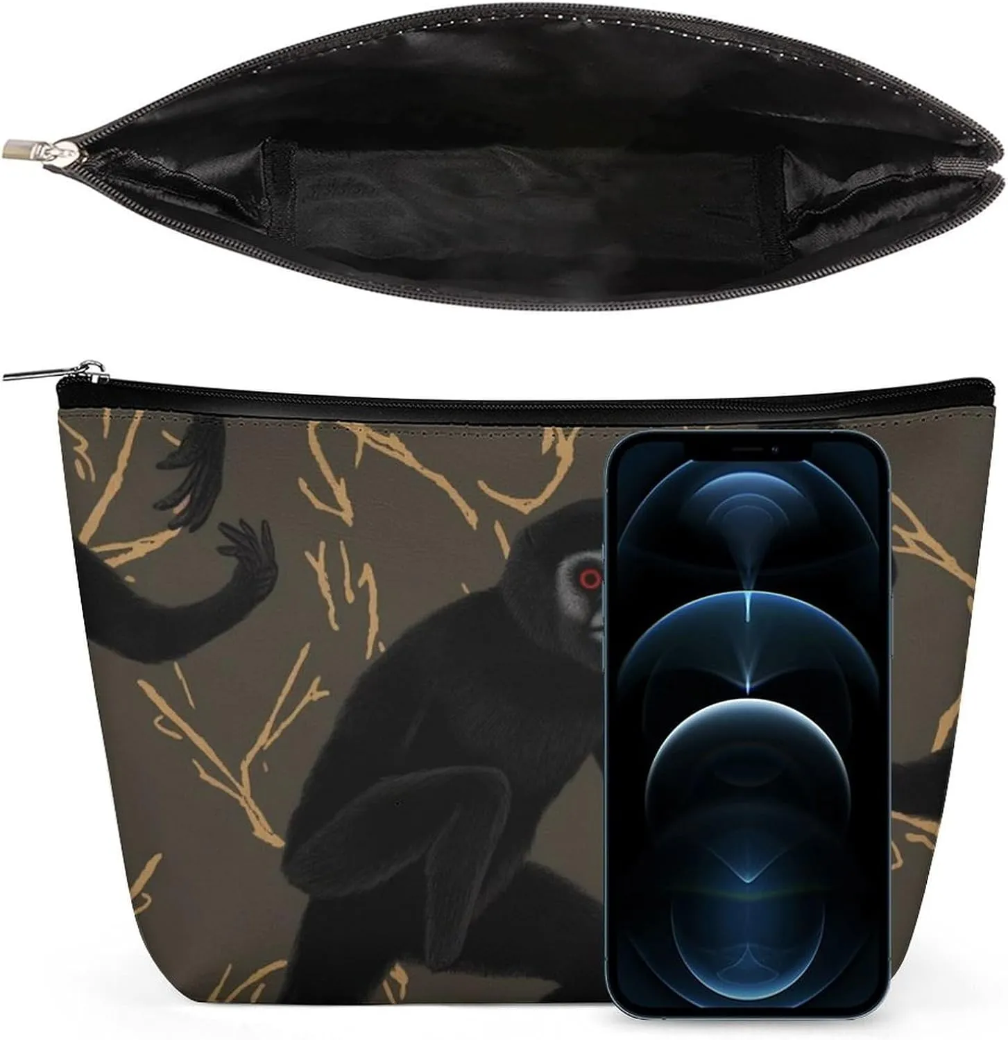 Cosmetic Bag Travel Makeup Bag Waterproof Toiletry Bag Black Gibbon Monkey Makeup Organizer Case Portable Toiletry Pouch Large Capacity Zipper Pouch for Women Men