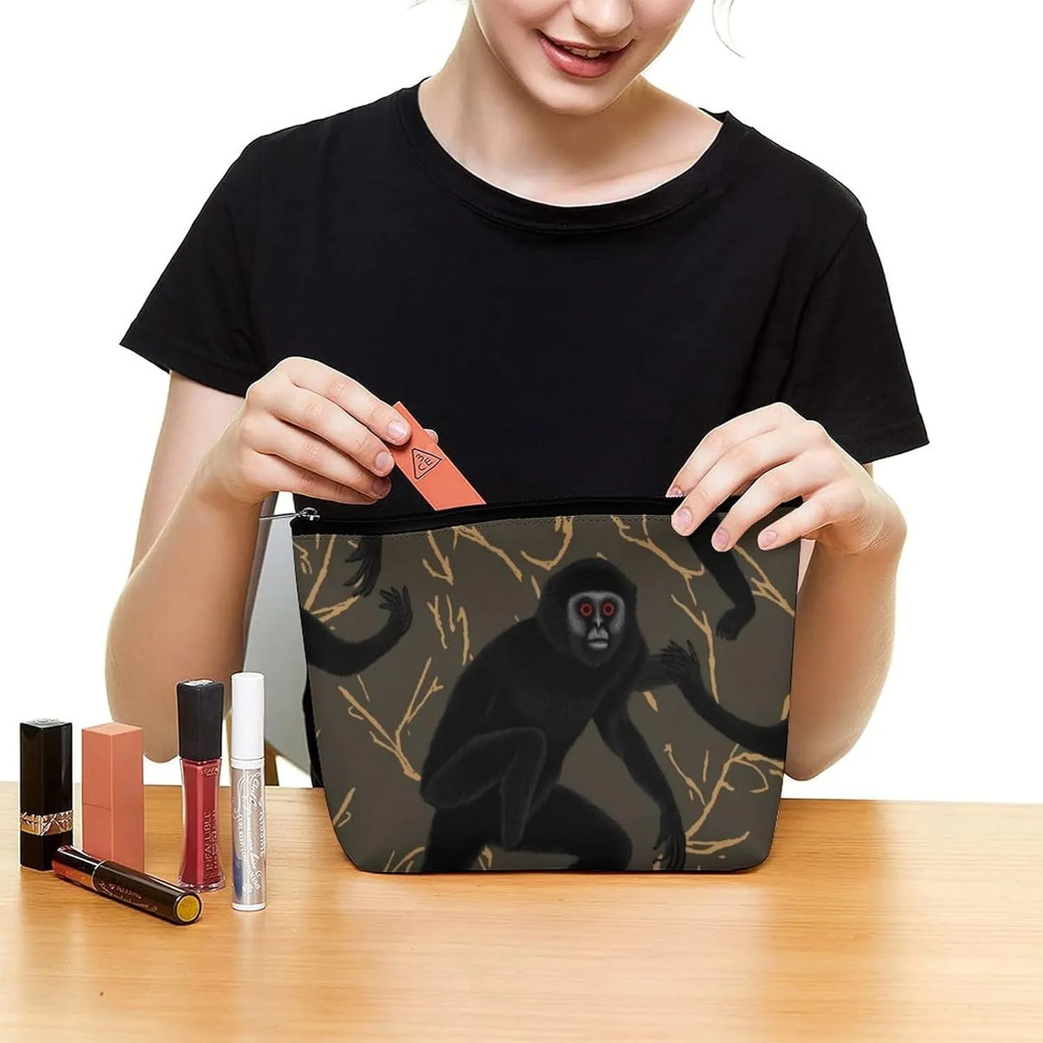 Cosmetic Bag Travel Makeup Bag Waterproof Toiletry Bag Black Gibbon Monkey Makeup Organizer Case Portable Toiletry Pouch Large Capacity Zipper Pouch for Women Men
