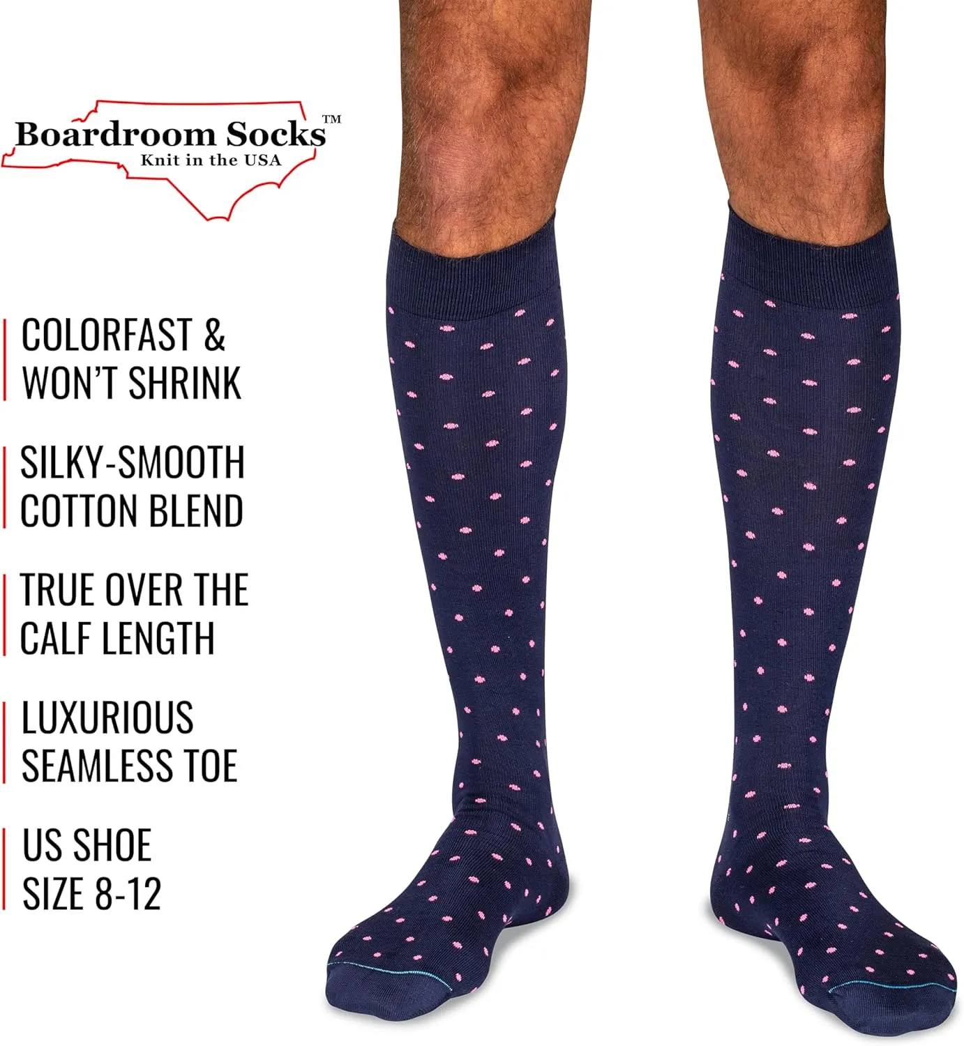 Cotton Patterned Over the Calf Dress Socks, Knee High Men’s Dress Socks, Made in USA by Boardroom Socks
