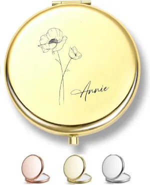 Cozique Birthday Gifts, Personalized Birth Flower Compact Mirror with Custom Name Engraving - A Thoughtful Choice for Bridesmaid Proposals, Engraved Pocket Mirrors, for Her