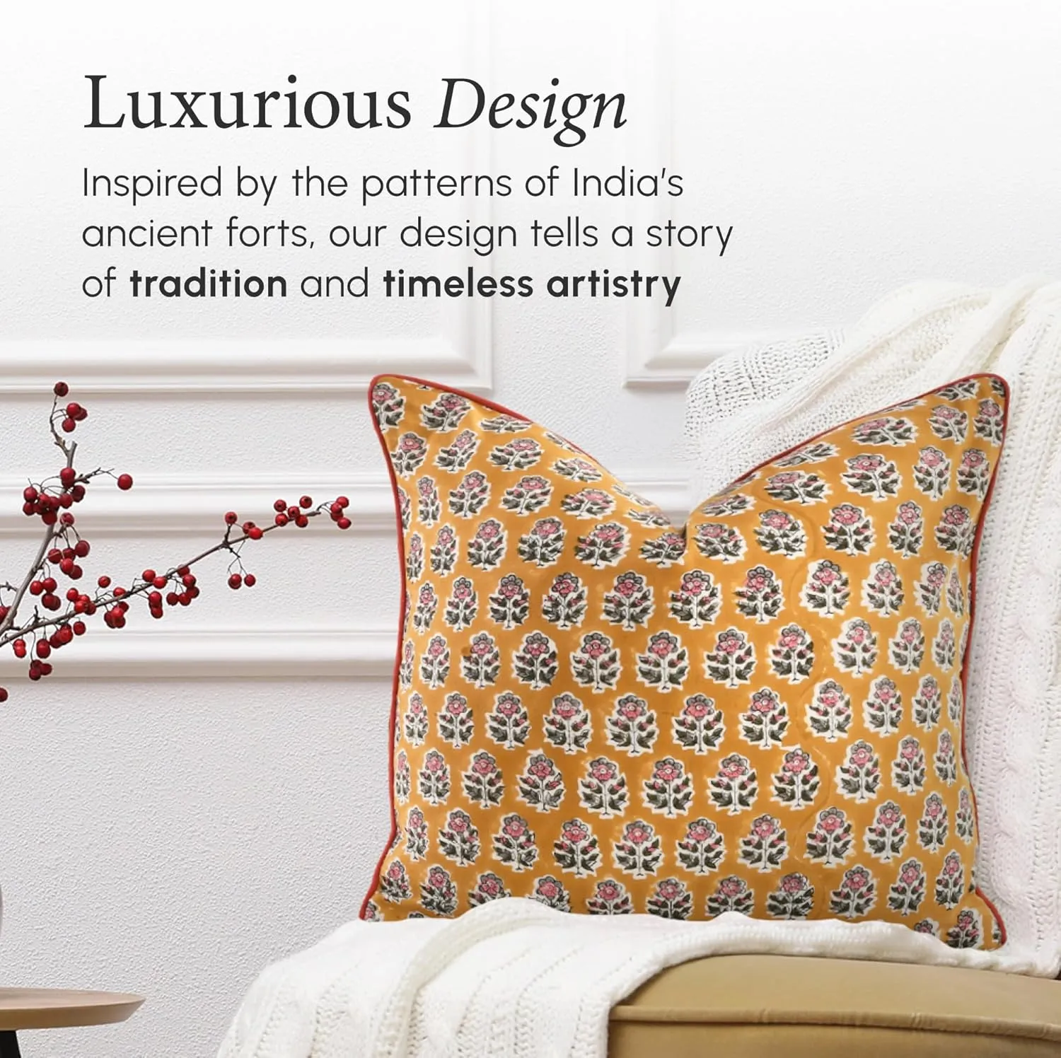 CPC 100% Cotton Throw Pillow Covers 20x20 Inch, Set of 2 Yellow Block Print Pattern Couch Pillow, Cute Boho Decorative Pillows for Living Room, Bedroom with Hidden Zipper- Yellow Citrine