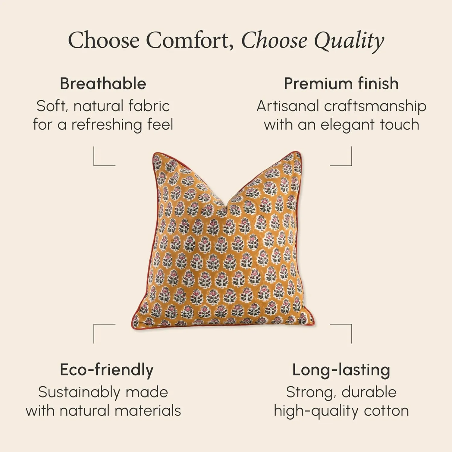 CPC 100% Cotton Throw Pillow Covers 20x20 Inch, Set of 2 Yellow Block Print Pattern Couch Pillow, Cute Boho Decorative Pillows for Living Room, Bedroom with Hidden Zipper- Yellow Citrine