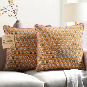 CPC 100% Cotton Throw Pillow Covers 20x20 Inch, Set of 2 Yellow Block Print Pattern Couch Pillow, Cute Boho Decorative Pillows for Living Room, Bedroom with Hidden Zipper- Yellow Citrine