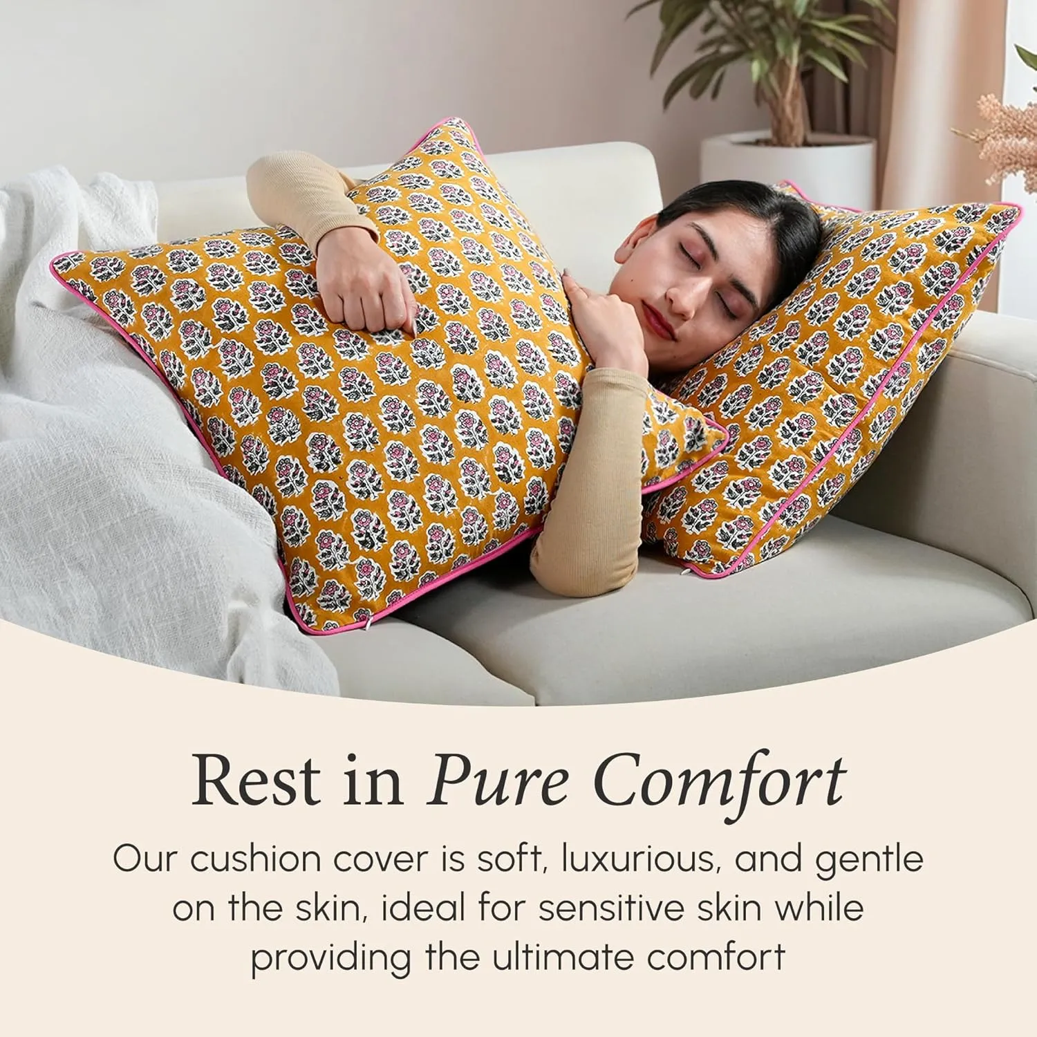 CPC 100% Cotton Throw Pillow Covers 20x20 Inch, Set of 2 Yellow Block Print Pattern Couch Pillow, Cute Boho Decorative Pillows for Living Room, Bedroom with Hidden Zipper- Yellow Citrine