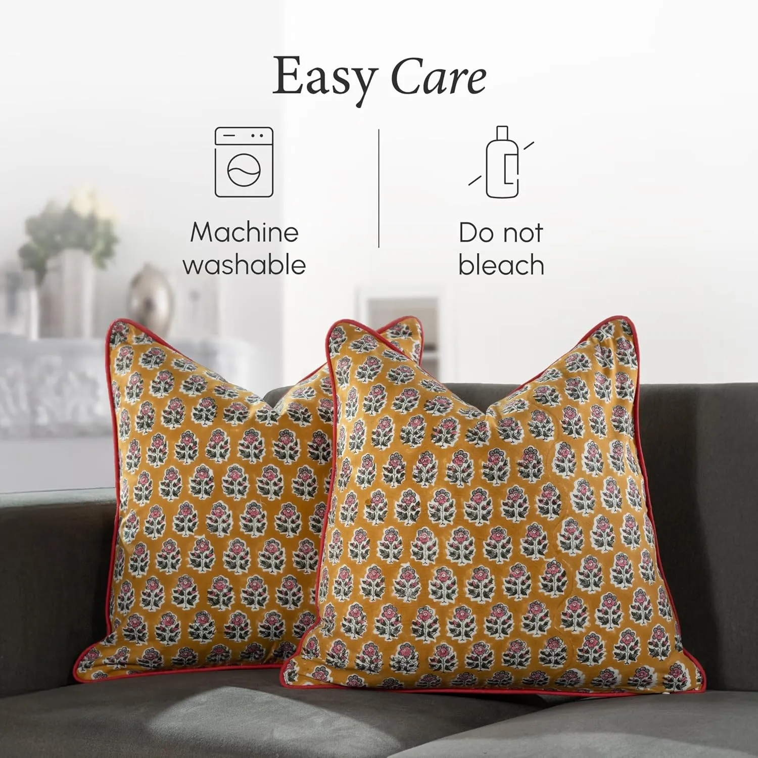 CPC 100% Cotton Throw Pillow Covers 20x20 Inch, Set of 2 Yellow Block Print Pattern Couch Pillow, Cute Boho Decorative Pillows for Living Room, Bedroom with Hidden Zipper- Yellow Citrine