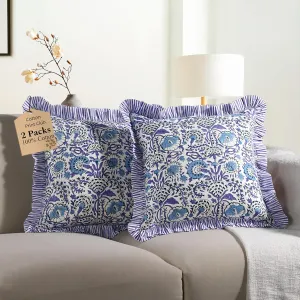 CPC Aqua Blue Ruffle Throw Pillow Covers for Couch, 18x18 Inch Cotton Stripe Ruffle Couch Pillows for Living Room, Hidden 14 Inch Zipper Boho Pillow Case or Cute Outdoor Pillows
