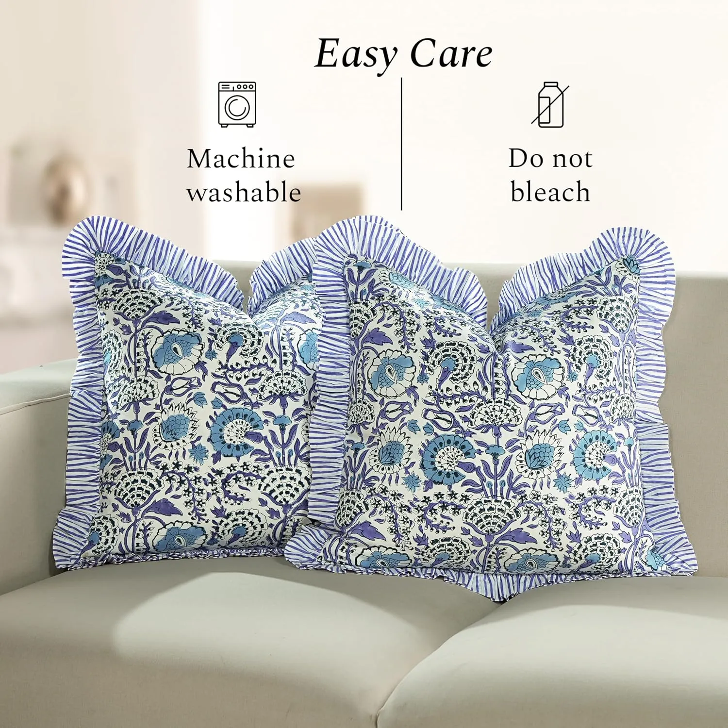 CPC Aqua Blue Ruffle Throw Pillow Covers for Couch, 18x18 Inch Cotton Stripe Ruffle Couch Pillows for Living Room, Hidden 14 Inch Zipper Boho Pillow Case or Cute Outdoor Pillows