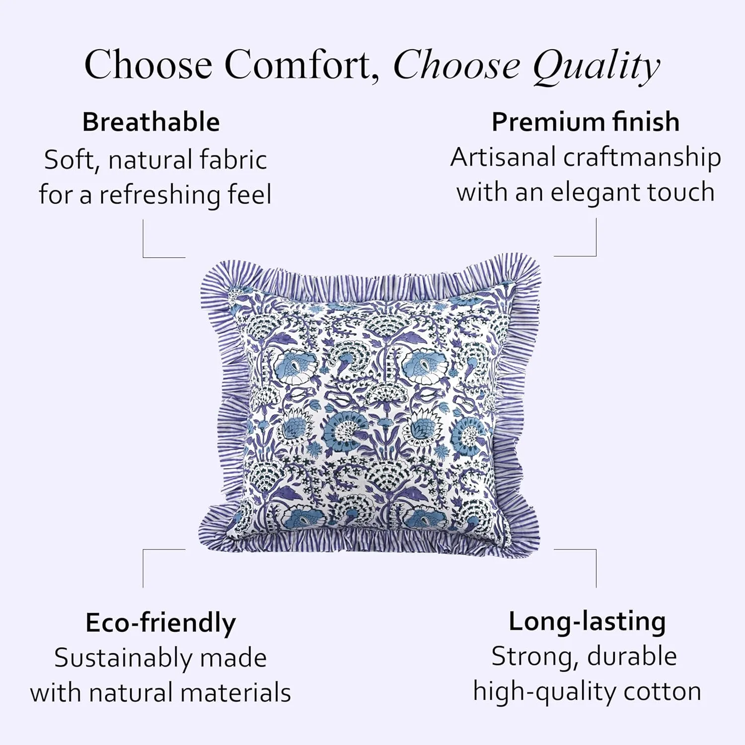 CPC Aqua Blue Ruffle Throw Pillow Covers for Couch, 18x18 Inch Cotton Stripe Ruffle Couch Pillows for Living Room, Hidden 14 Inch Zipper Boho Pillow Case or Cute Outdoor Pillows