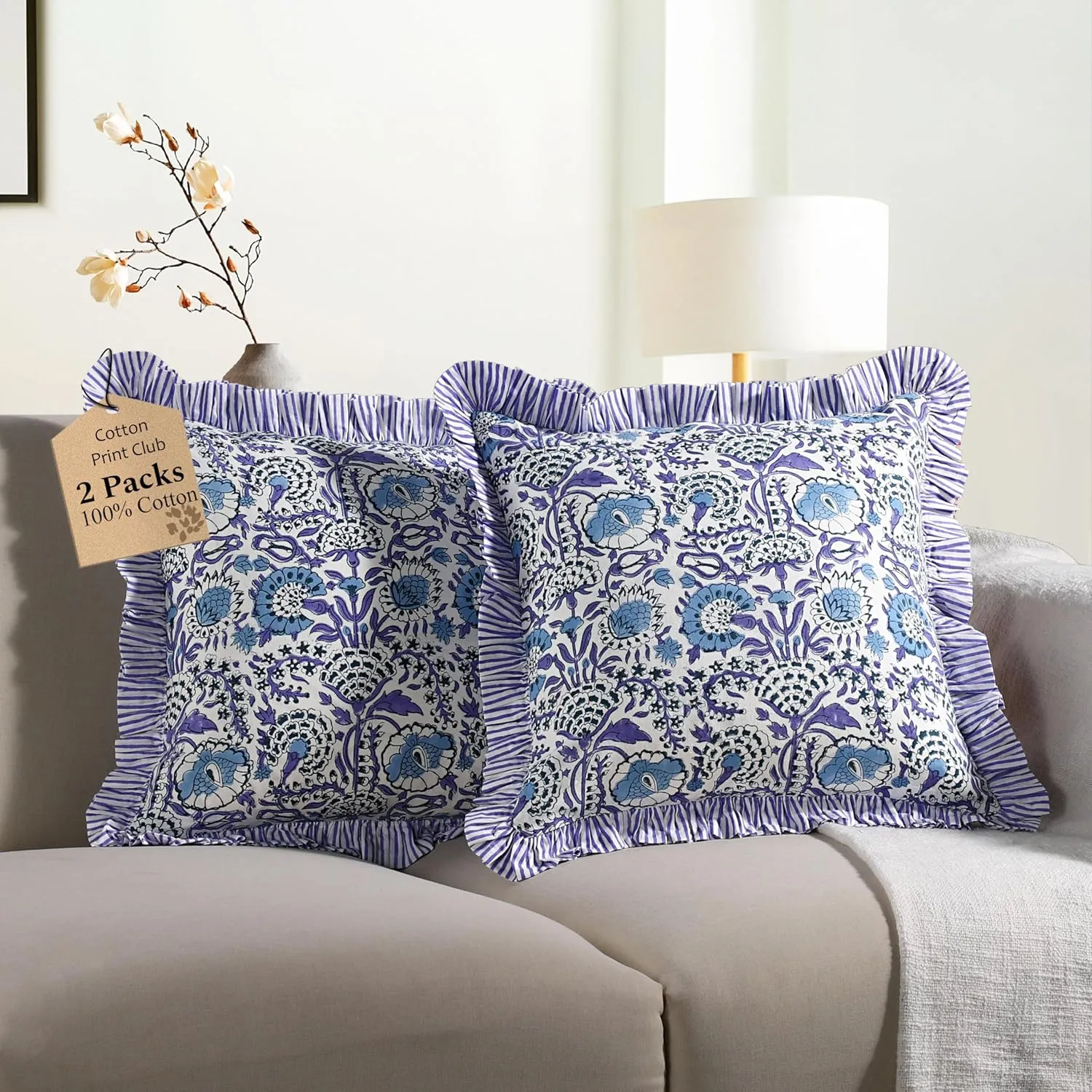 CPC Aqua Blue Ruffle Throw Pillow Covers for Couch, 18x18 Inch Cotton Stripe Ruffle Couch Pillows for Living Room, Hidden 14 Inch Zipper Boho Pillow Case or Cute Outdoor Pillows