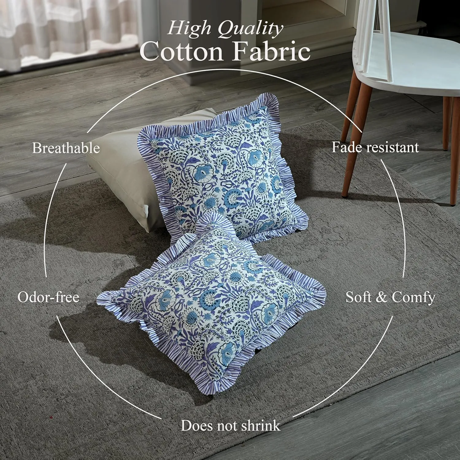 CPC Aqua Blue Ruffle Throw Pillow Covers for Couch, 18x18 Inch Cotton Stripe Ruffle Couch Pillows for Living Room, Hidden 14 Inch Zipper Boho Pillow Case or Cute Outdoor Pillows
