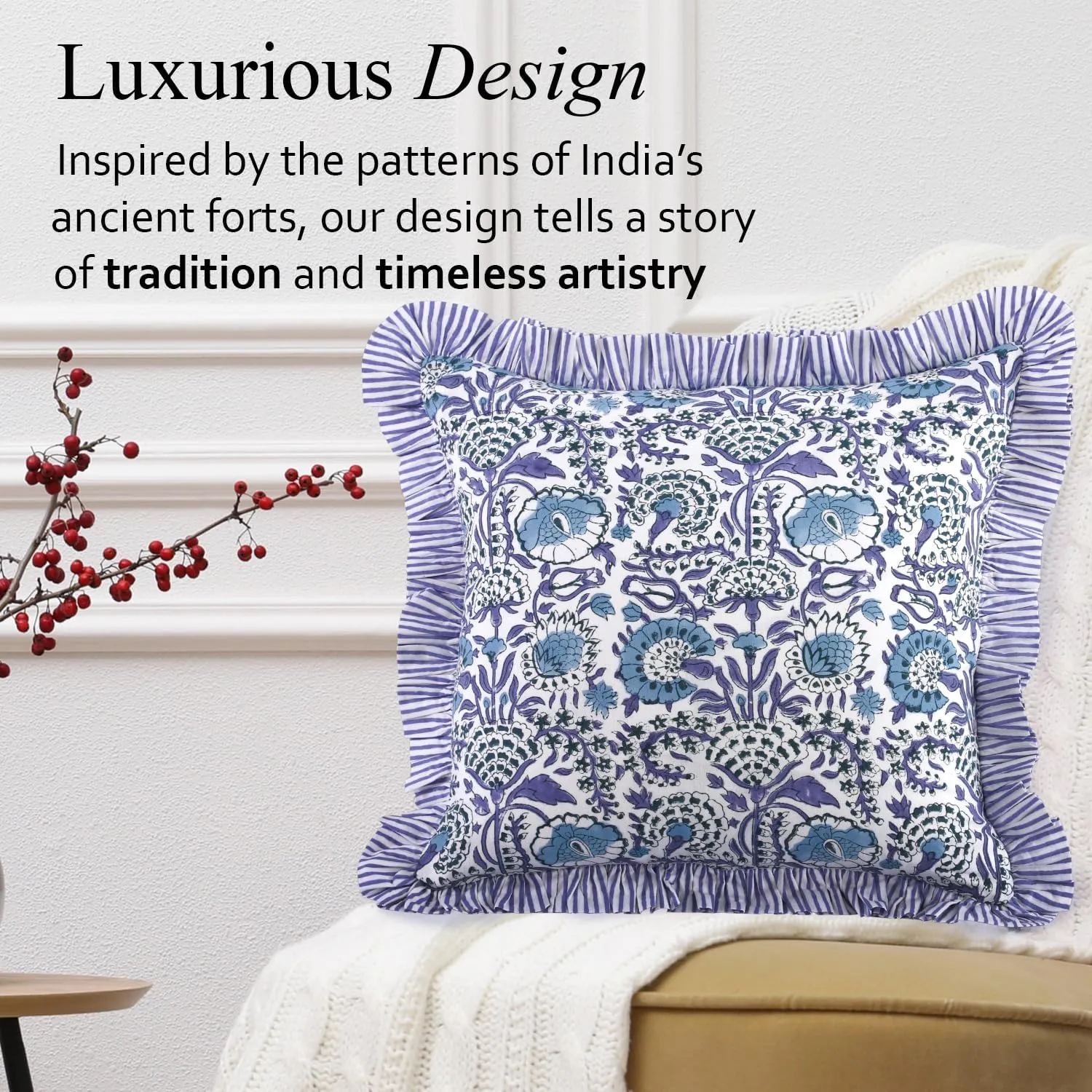 CPC Aqua Blue Ruffle Throw Pillow Covers for Couch, 18x18 Inch Cotton Stripe Ruffle Couch Pillows for Living Room, Hidden 14 Inch Zipper Boho Pillow Case or Cute Outdoor Pillows