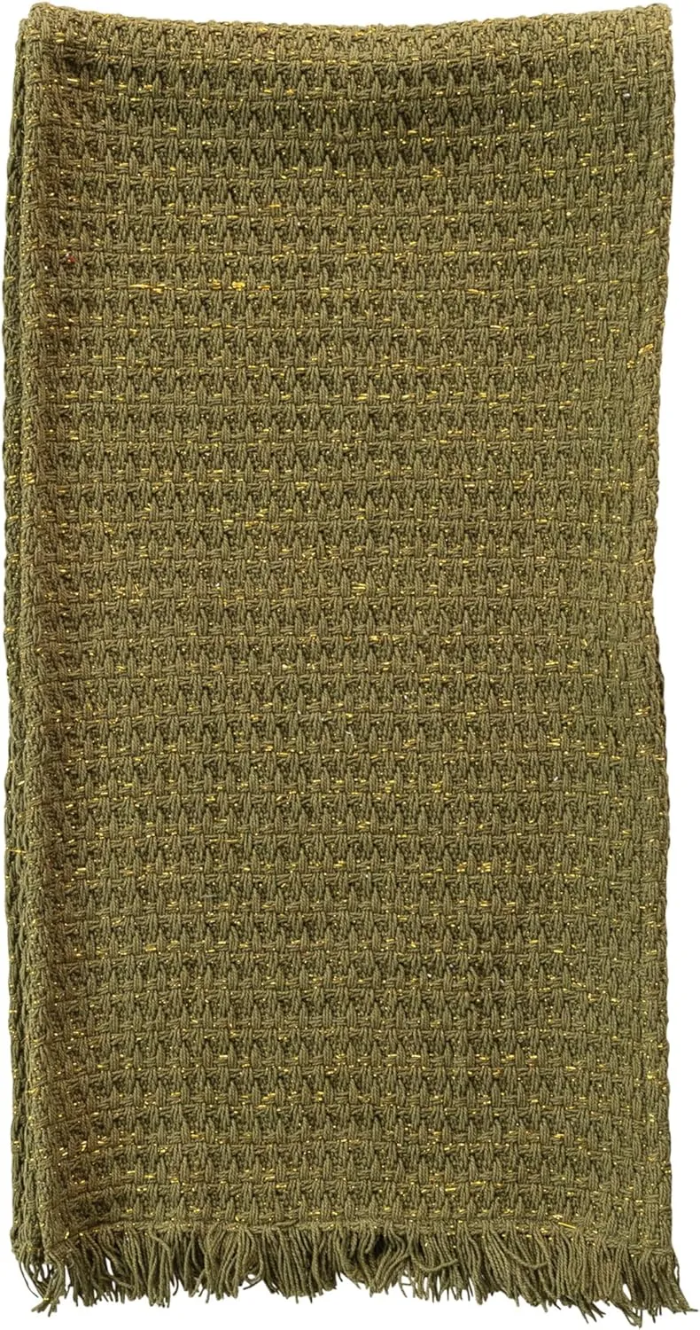 Creative Co-Op Woven Cotton Table Runner with Metallic Gold Thread and Fringe, Green