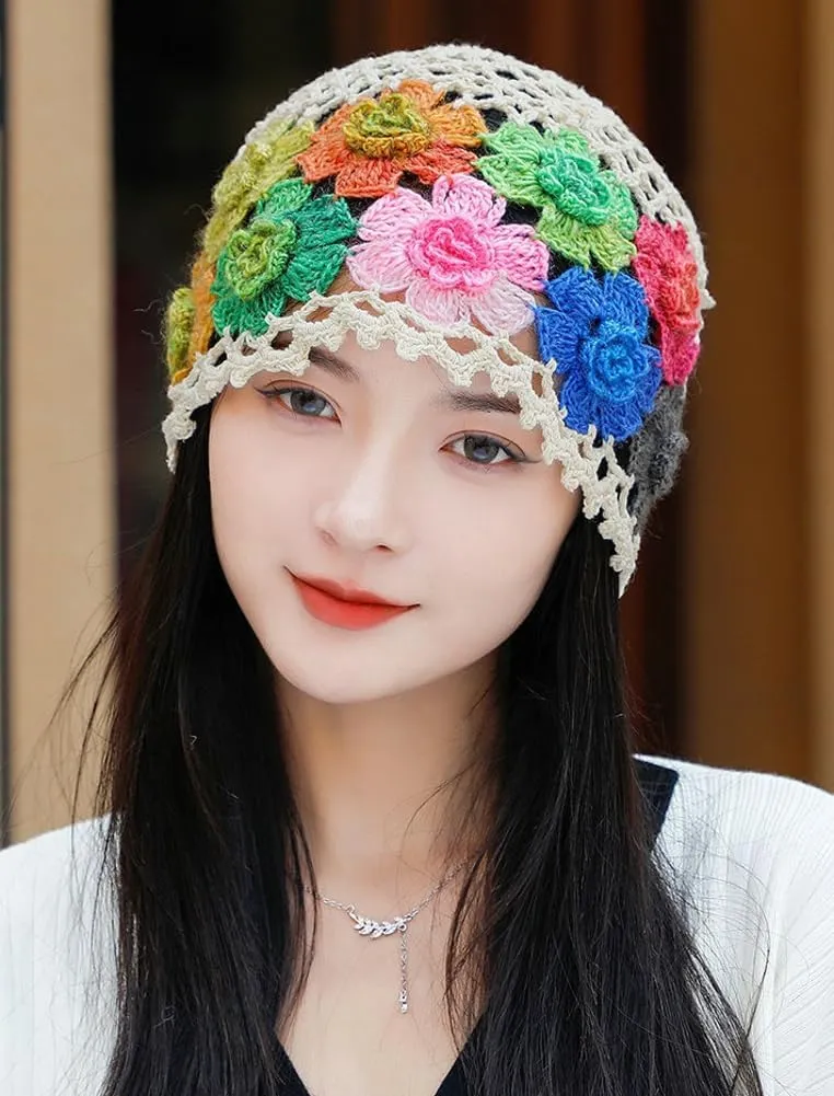 Crochet Beanie Hat for Women Men Y2k Floral Boho Knitted Beanie Cotton Flower Patterned Slouchy Skull Cap Lace Head Wrap