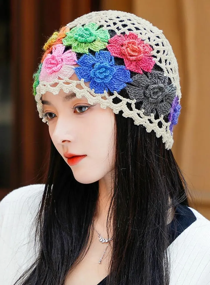 Crochet Beanie Hat for Women Men Y2k Floral Boho Knitted Beanie Cotton Flower Patterned Slouchy Skull Cap Lace Head Wrap