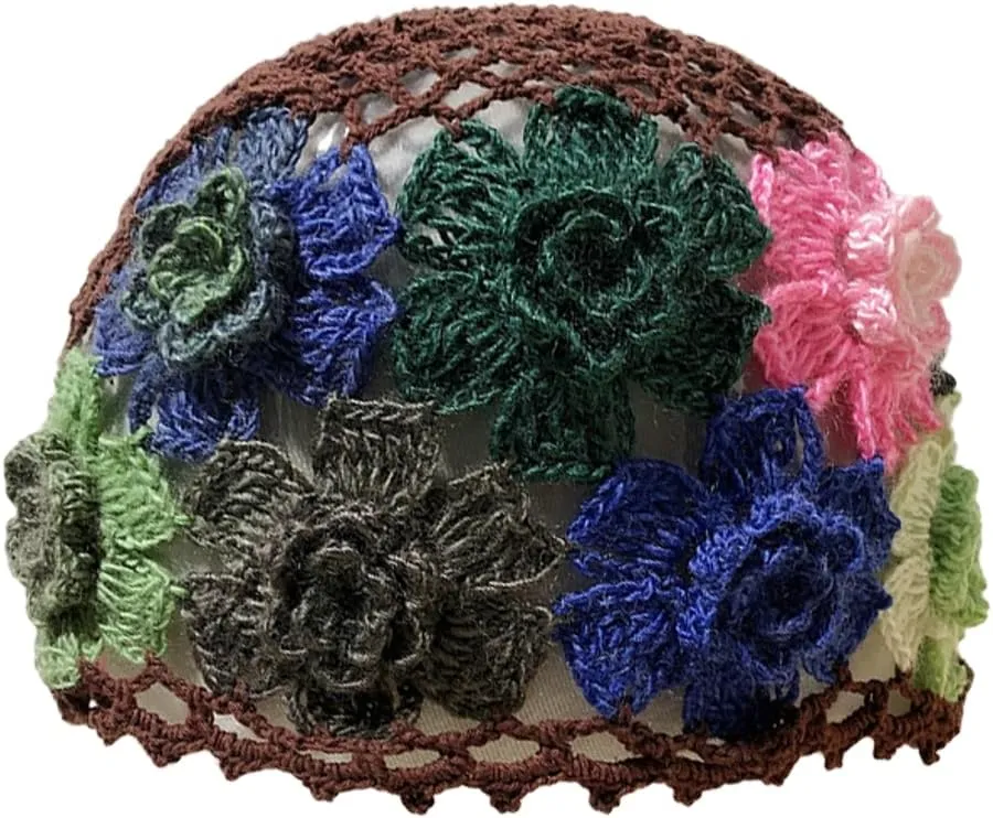 Crochet Beanie Hat for Women Men Y2k Floral Boho Knitted Beanie Cotton Flower Patterned Slouchy Skull Cap Lace Head Wrap