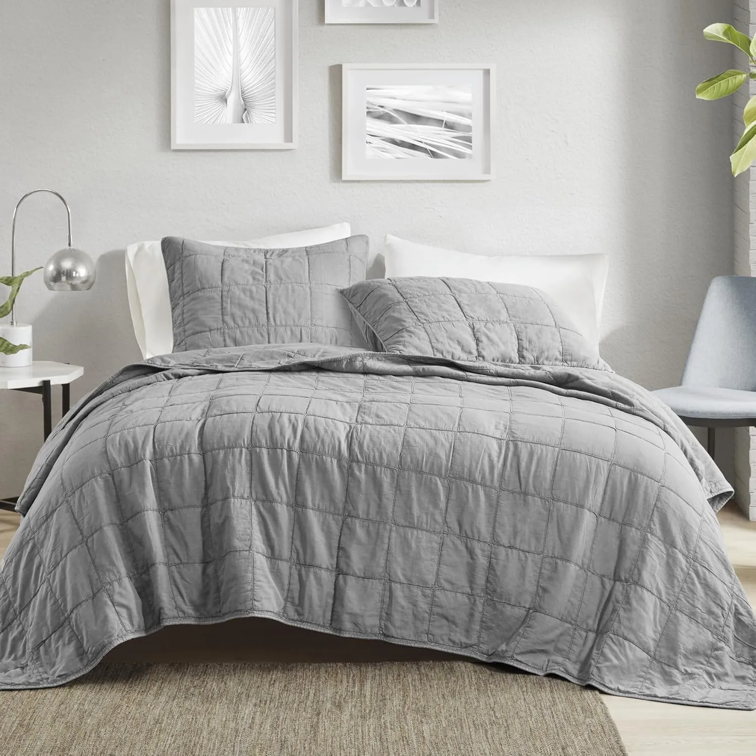 CROSCILL Quilt Set Casual Cord Quilting, Oversized Coverlet for Queen Size Bed, Grid-Patterned Texture, All Season, Lightweight & Soft Pre-Washed Cotton Coverlet Bedspread, Shams, Gema, Grey 3 Piece