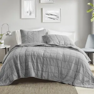 CROSCILL Quilt Set Casual Cord Quilting, Oversized Coverlet for Queen Size Bed, Grid-Patterned Texture, All Season, Lightweight & Soft Pre-Washed Cotton Coverlet Bedspread, Shams, Gema, Grey 3 Piece