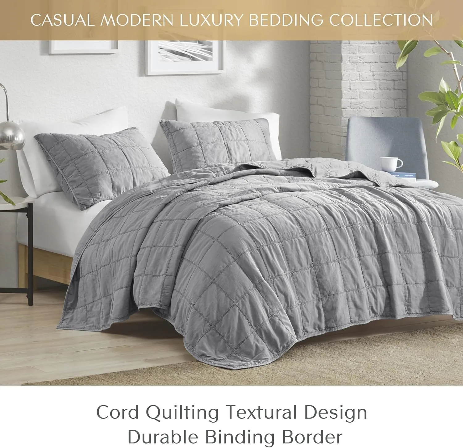 CROSCILL Quilt Set Casual Cord Quilting, Oversized Coverlet for Queen Size Bed, Grid-Patterned Texture, All Season, Lightweight & Soft Pre-Washed Cotton Coverlet Bedspread, Shams, Gema, Grey 3 Piece