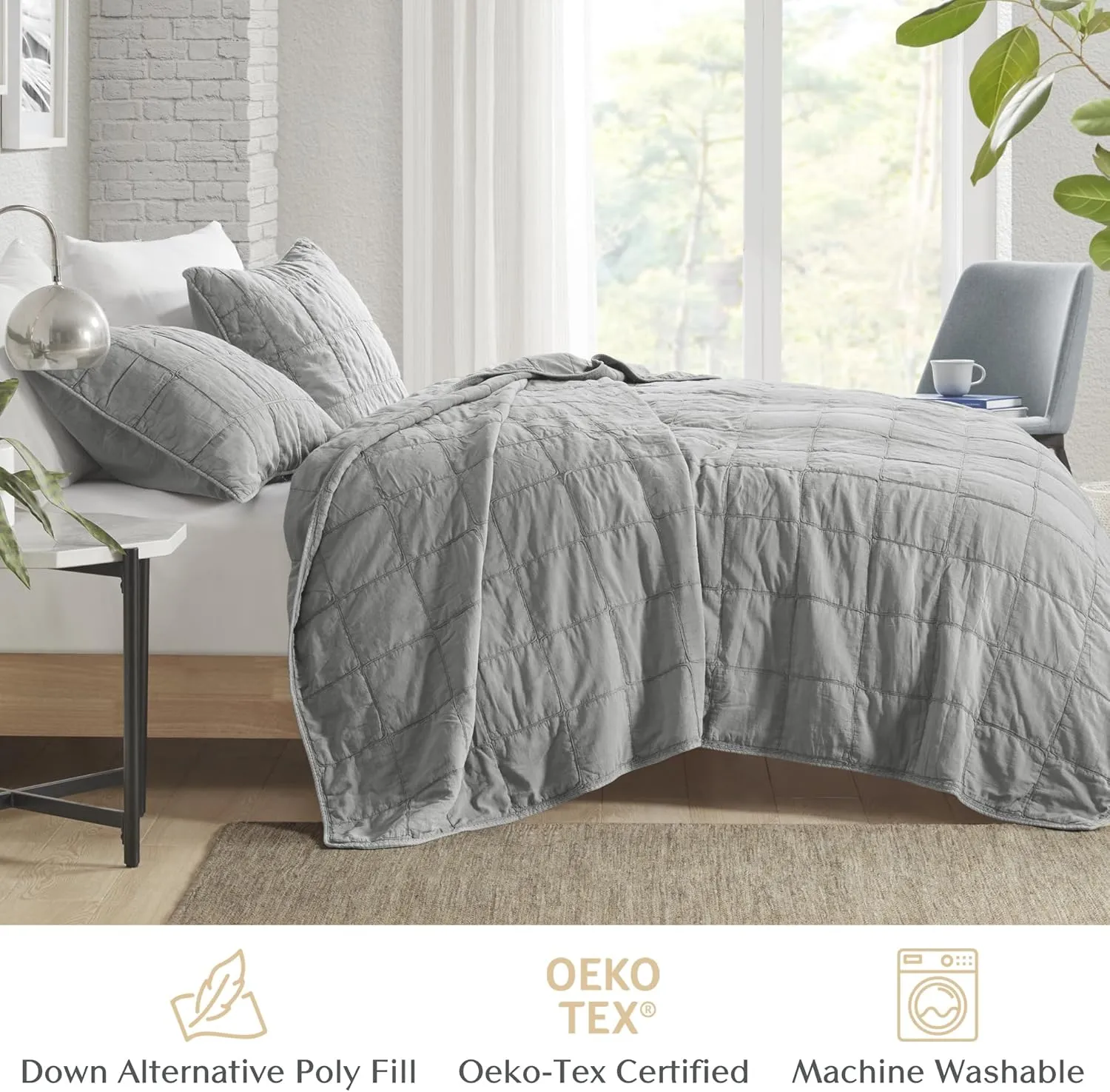 CROSCILL Quilt Set Casual Cord Quilting, Oversized Coverlet for Queen Size Bed, Grid-Patterned Texture, All Season, Lightweight & Soft Pre-Washed Cotton Coverlet Bedspread, Shams, Gema, Grey 3 Piece