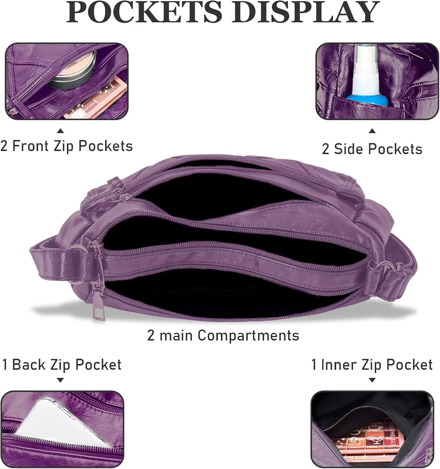 Crossbody Bag for Women Lightweight Shoulder Bags Ladies Soft PU Leather Handbags Multi Pocket Messenger Bags