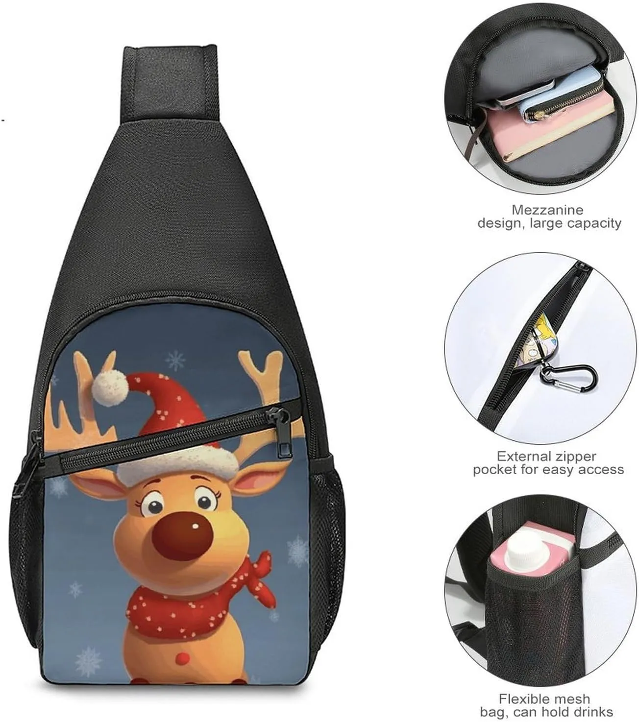 Crossbody Bag for Women Men Sling Bag Christmas Deer Chest Bag Crossbody Adjustable Shoulder Bag