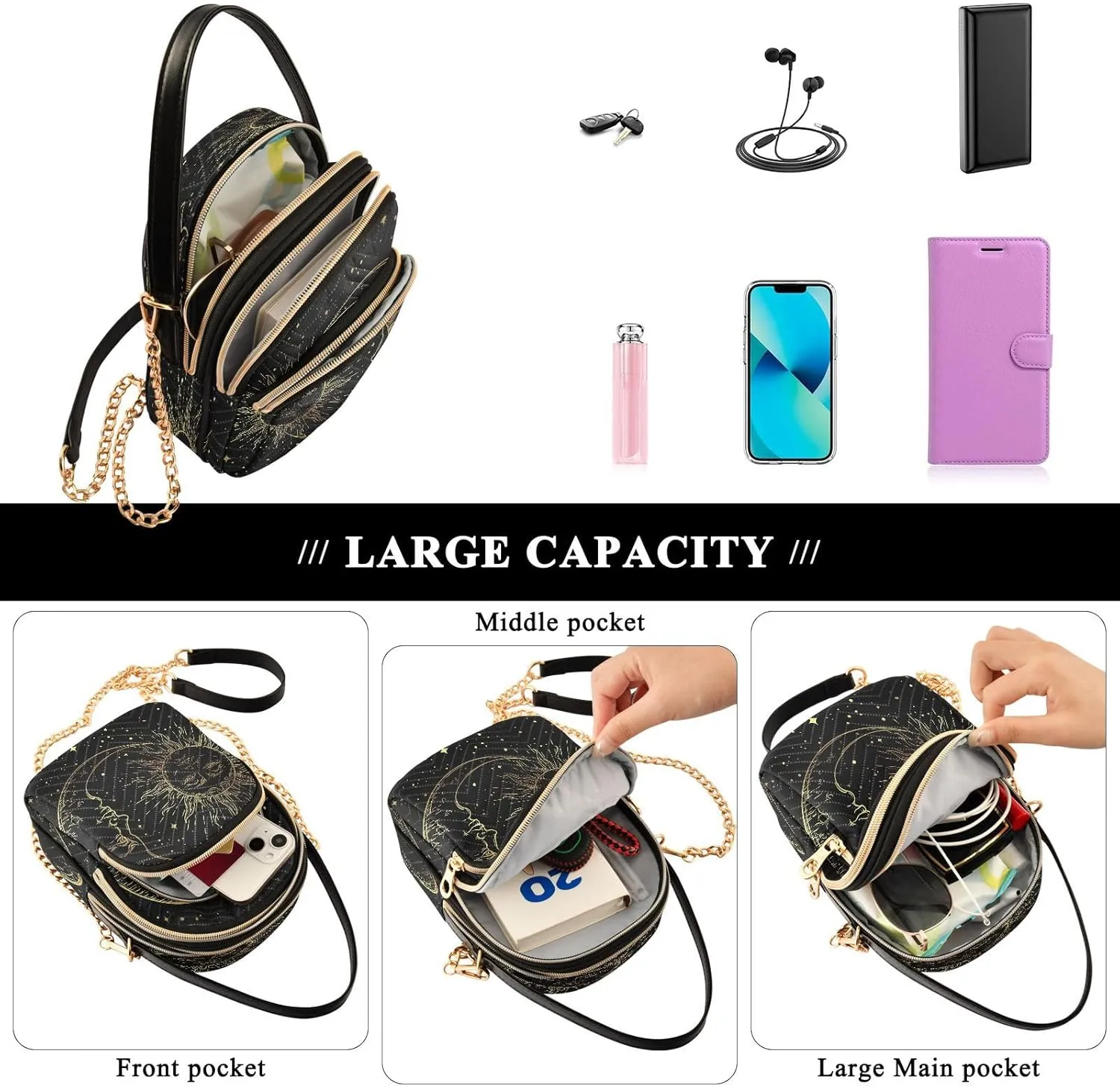 Crossbody Bags Crossbody Purse Chest Bag Golden Sun Moon Stars Boho for Women Trendy
