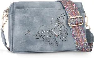 Crossbody Bags for Women, Vegan Leather Small Crossbody Purses Butterfly Shoulder Handbags with Wide Strap