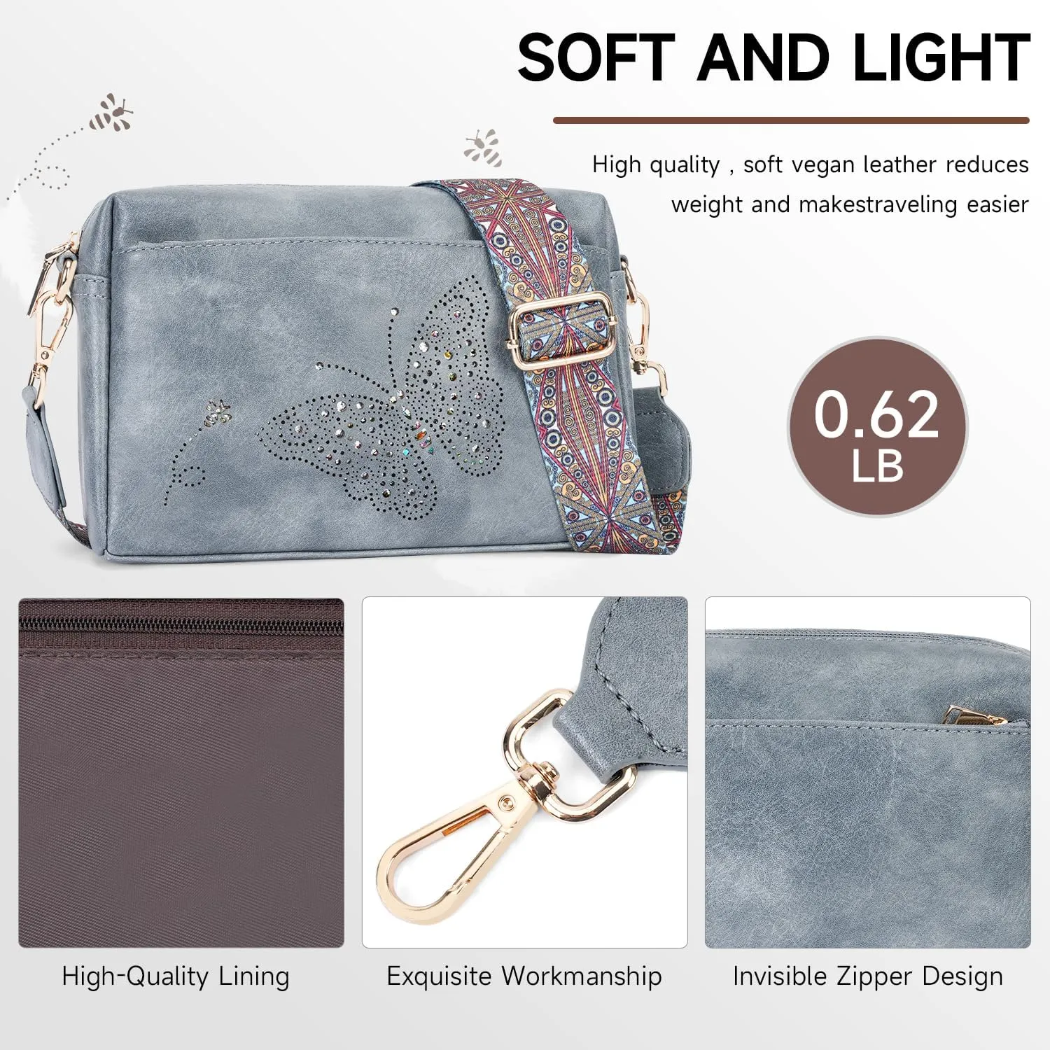 Crossbody Bags for Women, Vegan Leather Small Crossbody Purses Butterfly Shoulder Handbags with Wide Strap