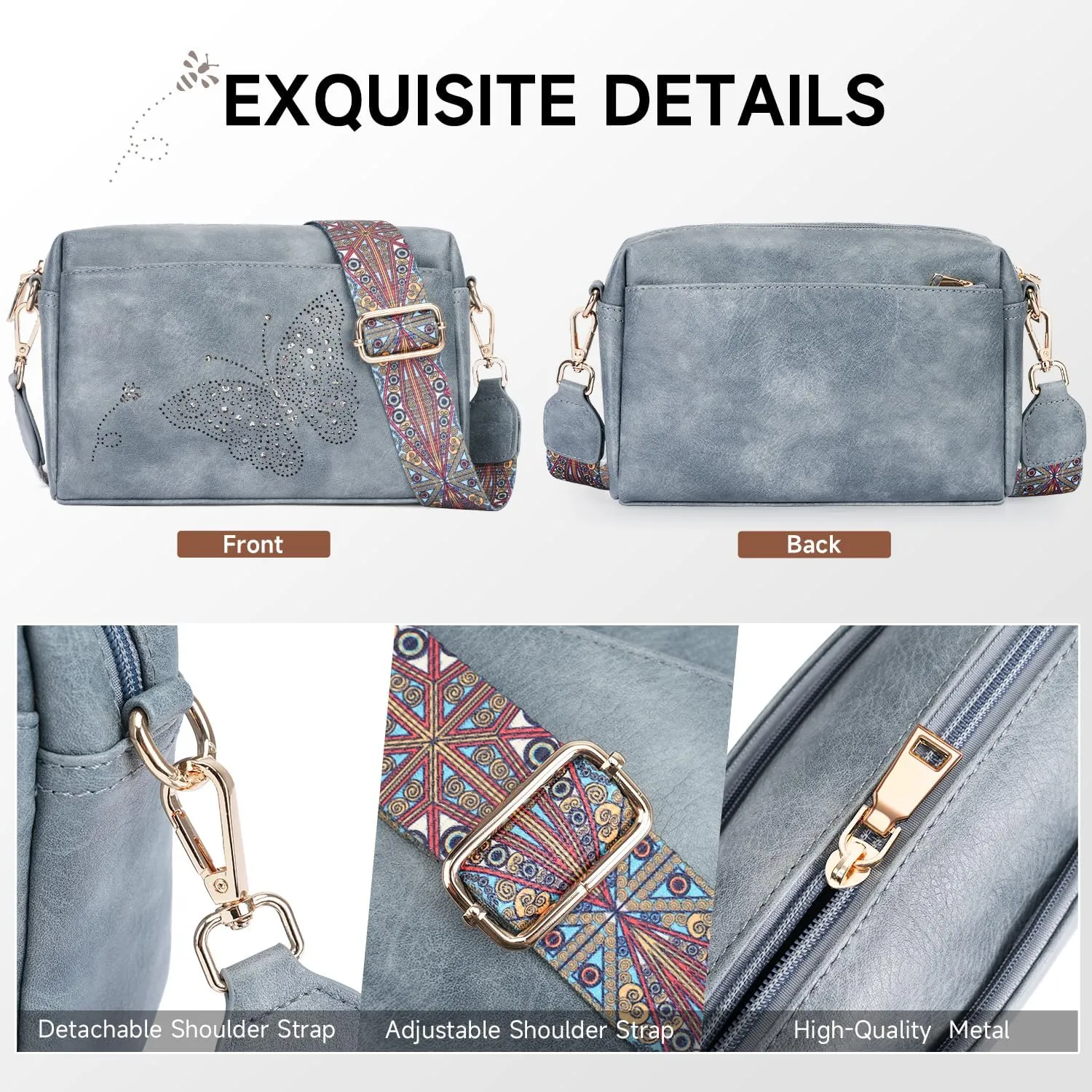 Crossbody Bags for Women, Vegan Leather Small Crossbody Purses Butterfly Shoulder Handbags with Wide Strap