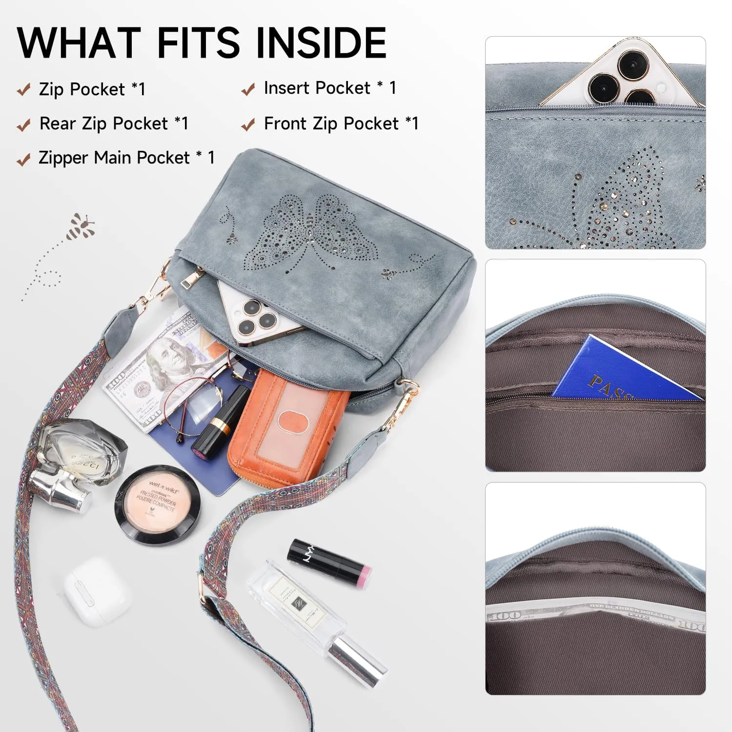 Crossbody Bags for Women, Vegan Leather Small Crossbody Purses Butterfly Shoulder Handbags with Wide Strap