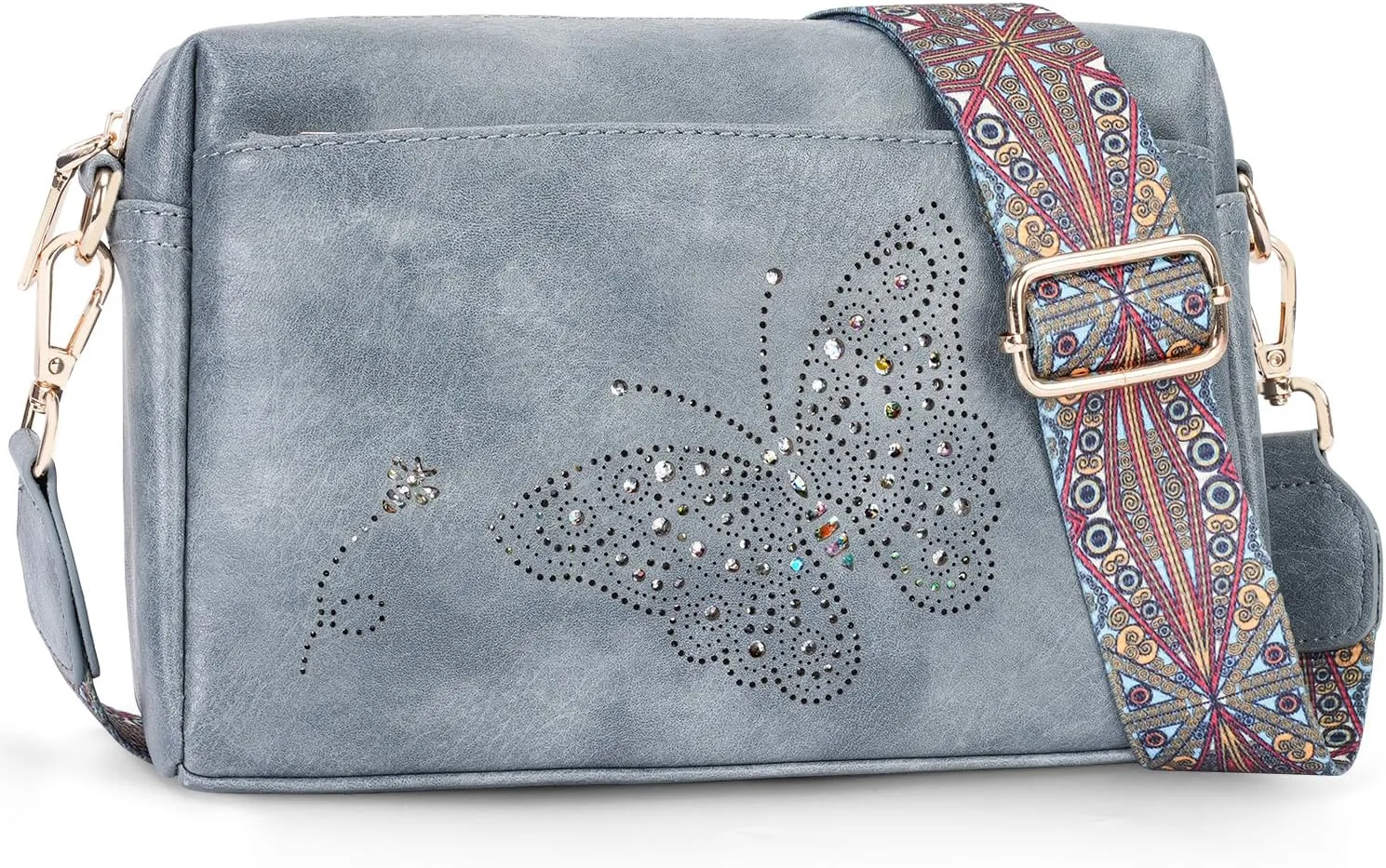 Crossbody Bags for Women, Vegan Leather Small Crossbody Purses Butterfly Shoulder Handbags with Wide Strap