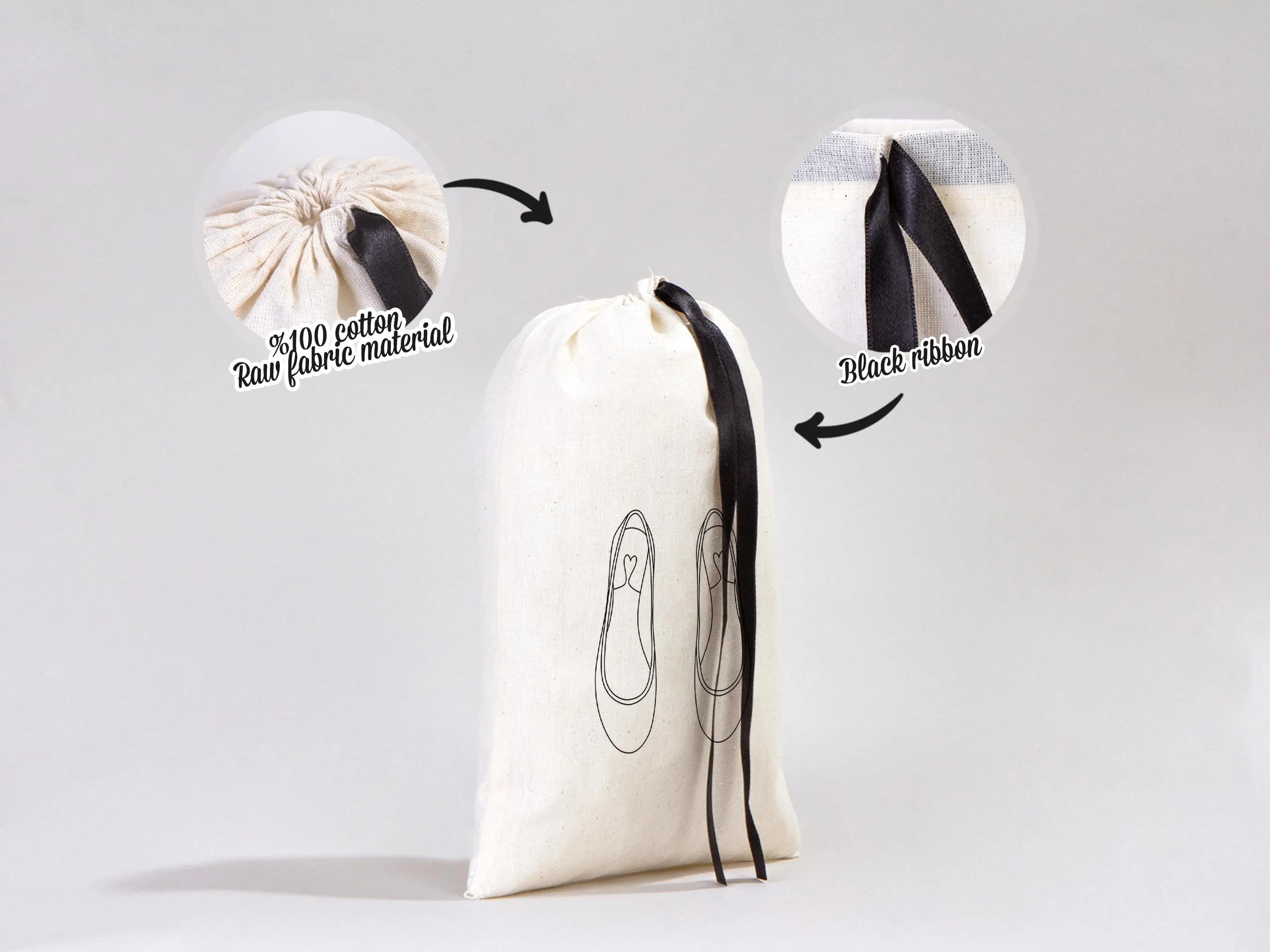 Custom Logo Printed Cotton Bags, 8"W x 12"H (20 x 30 cm)  Bridal Gifts, Black Double Drawstring Pouch Bags, Party Favor Bags
