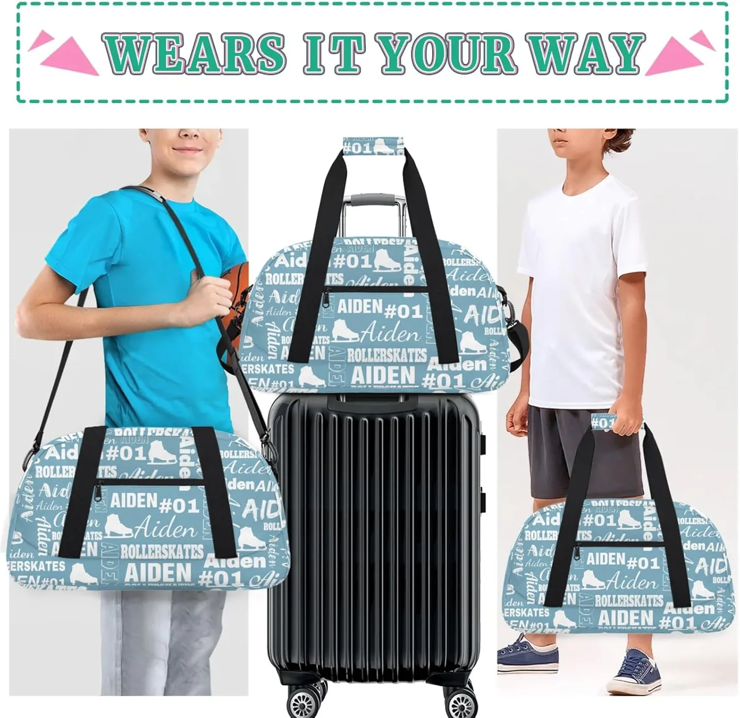 Custom Name Roller Skates Duffle Bags Personalized Number Sports Gym Bag Weekender Overnight Training Bag, Light Blue
