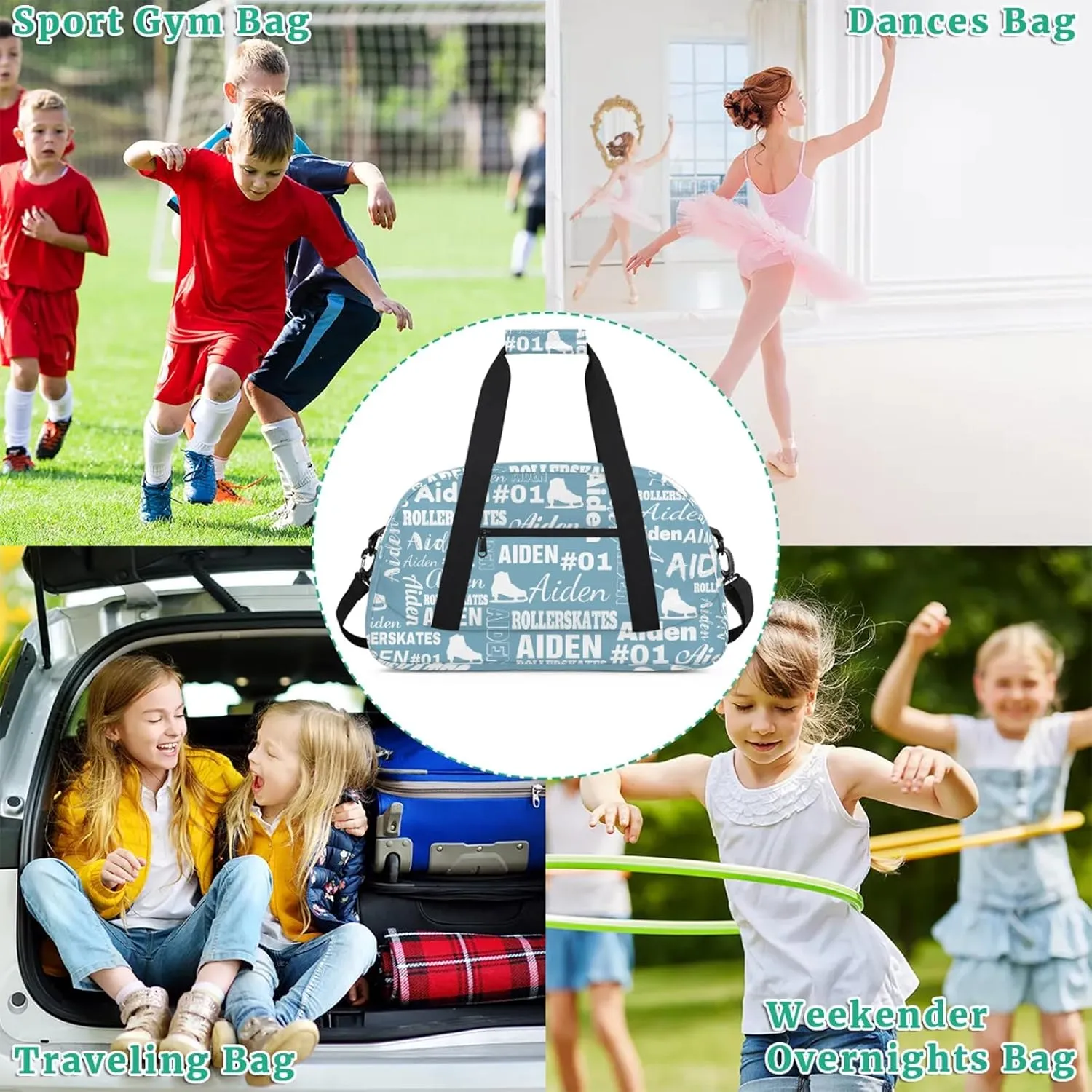 Custom Name Roller Skates Duffle Bags Personalized Number Sports Gym Bag Weekender Overnight Training Bag, Light Blue