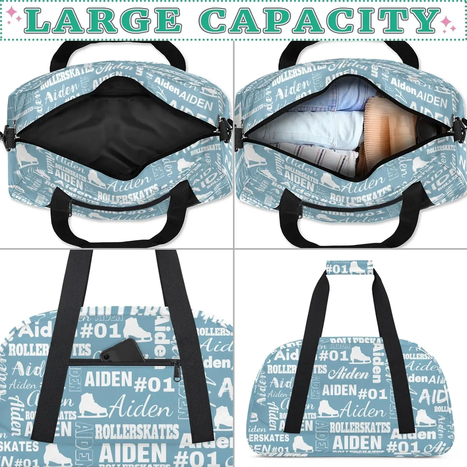 Custom Name Roller Skates Duffle Bags Personalized Number Sports Gym Bag Weekender Overnight Training Bag, Light Blue
