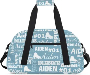 Custom Name Roller Skates Duffle Bags Personalized Number Sports Gym Bag Weekender Overnight Training Bag, Light Blue
