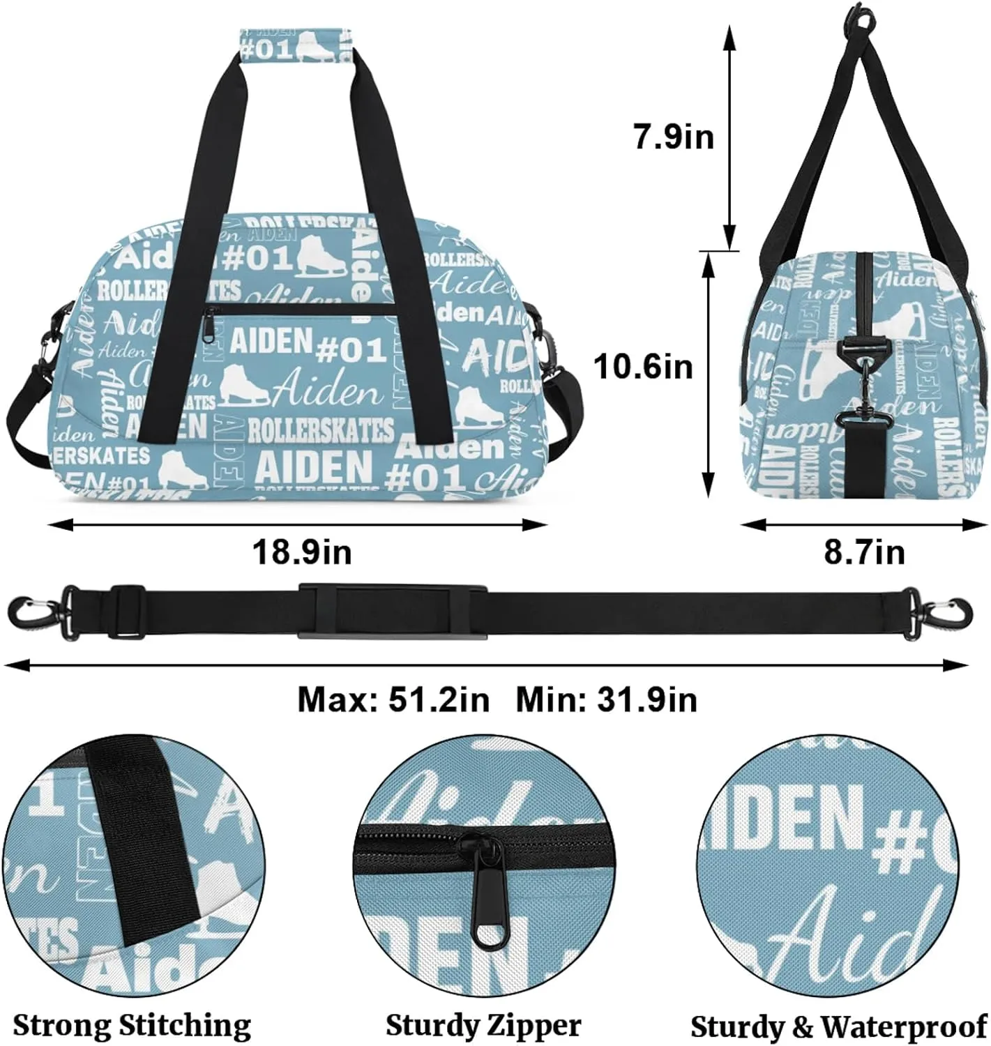 Custom Name Roller Skates Duffle Bags Personalized Number Sports Gym Bag Weekender Overnight Training Bag, Light Blue