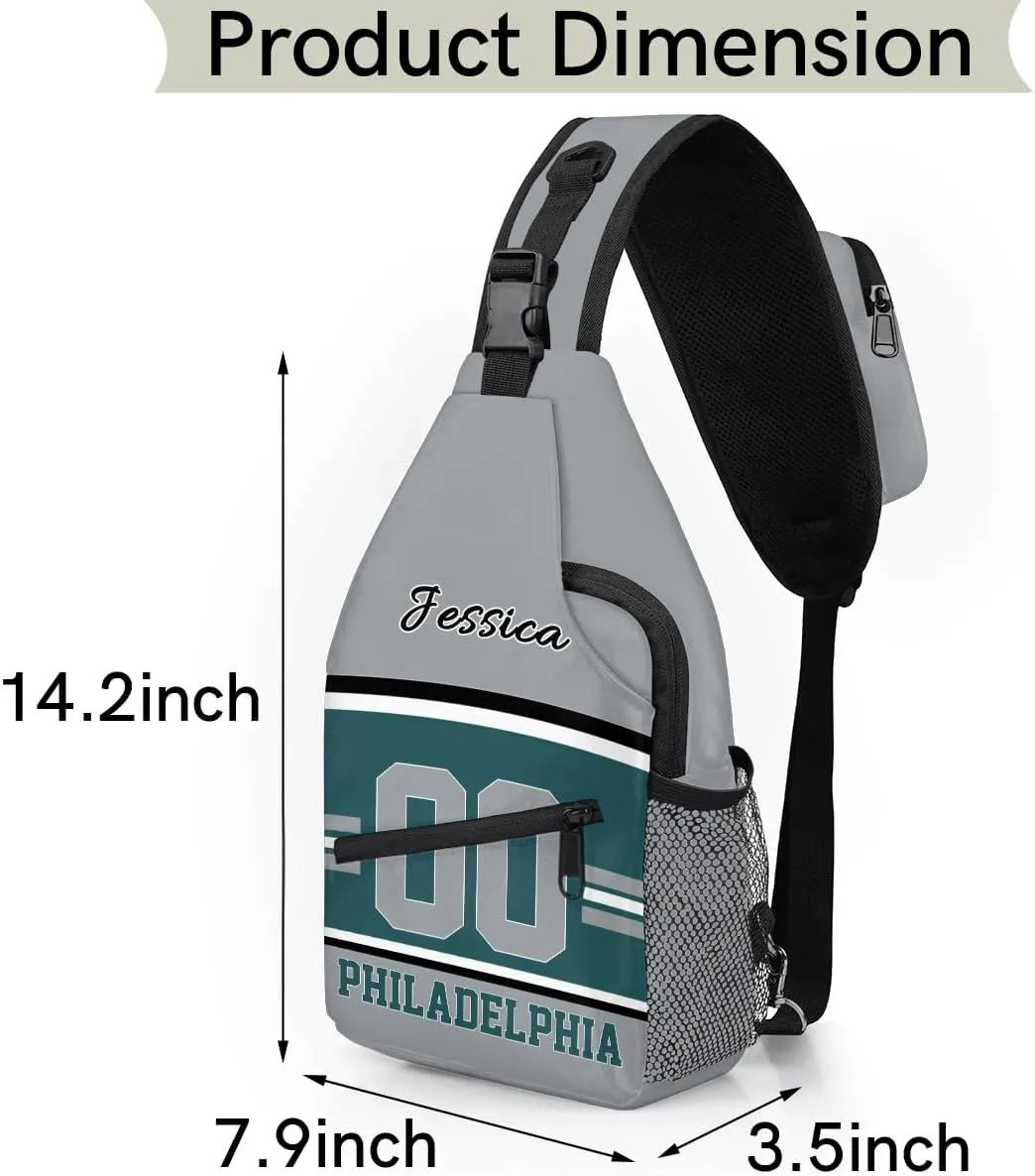 Custom Sling Bag, Personalized Rugby Sport Crossbody Bags for Men, Customize Name Sling Shoulder Backpack, Football Chest Bag Hiking Travel Daypack for Outdoor, Philadelphia