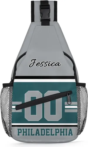 Custom Sling Bag, Personalized Rugby Sport Crossbody Bags for Men, Customize Name Sling Shoulder Backpack, Football Chest Bag Hiking Travel Daypack for Outdoor, Philadelphia