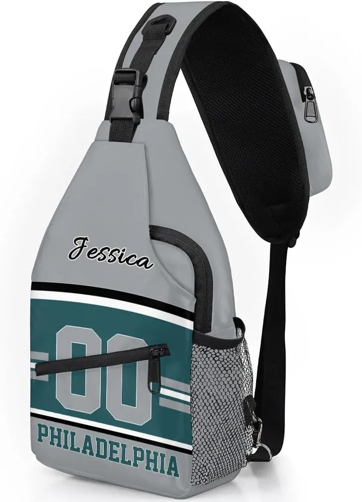 Custom Sling Bag, Personalized Rugby Sport Crossbody Bags for Men, Customize Name Sling Shoulder Backpack, Football Chest Bag Hiking Travel Daypack for Outdoor, Philadelphia