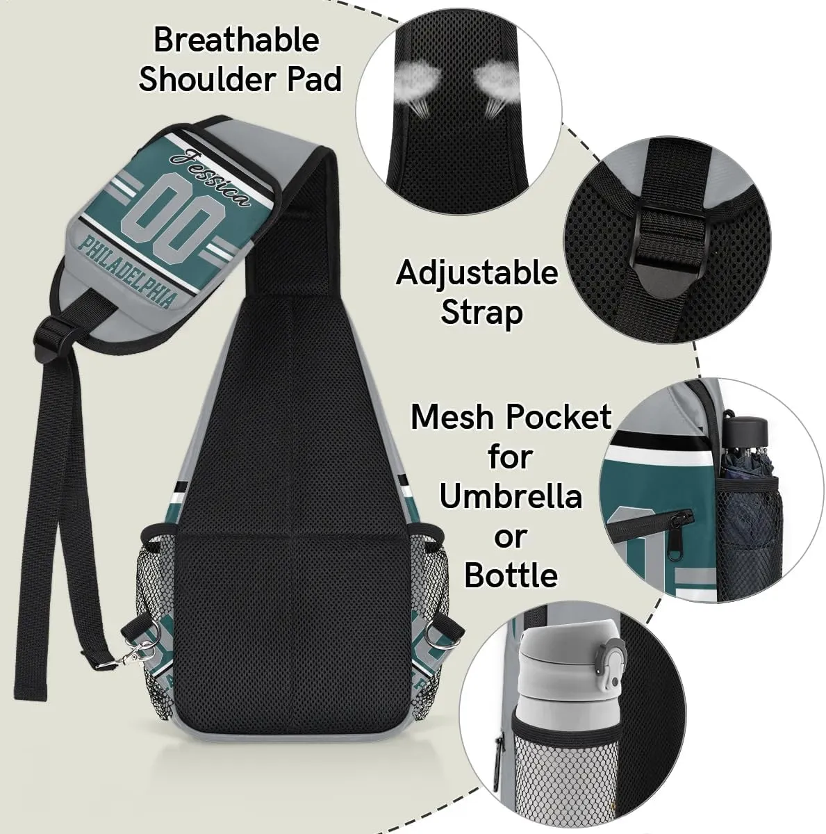 Custom Sling Bag, Personalized Rugby Sport Crossbody Bags for Men, Customize Name Sling Shoulder Backpack, Football Chest Bag Hiking Travel Daypack for Outdoor, Philadelphia