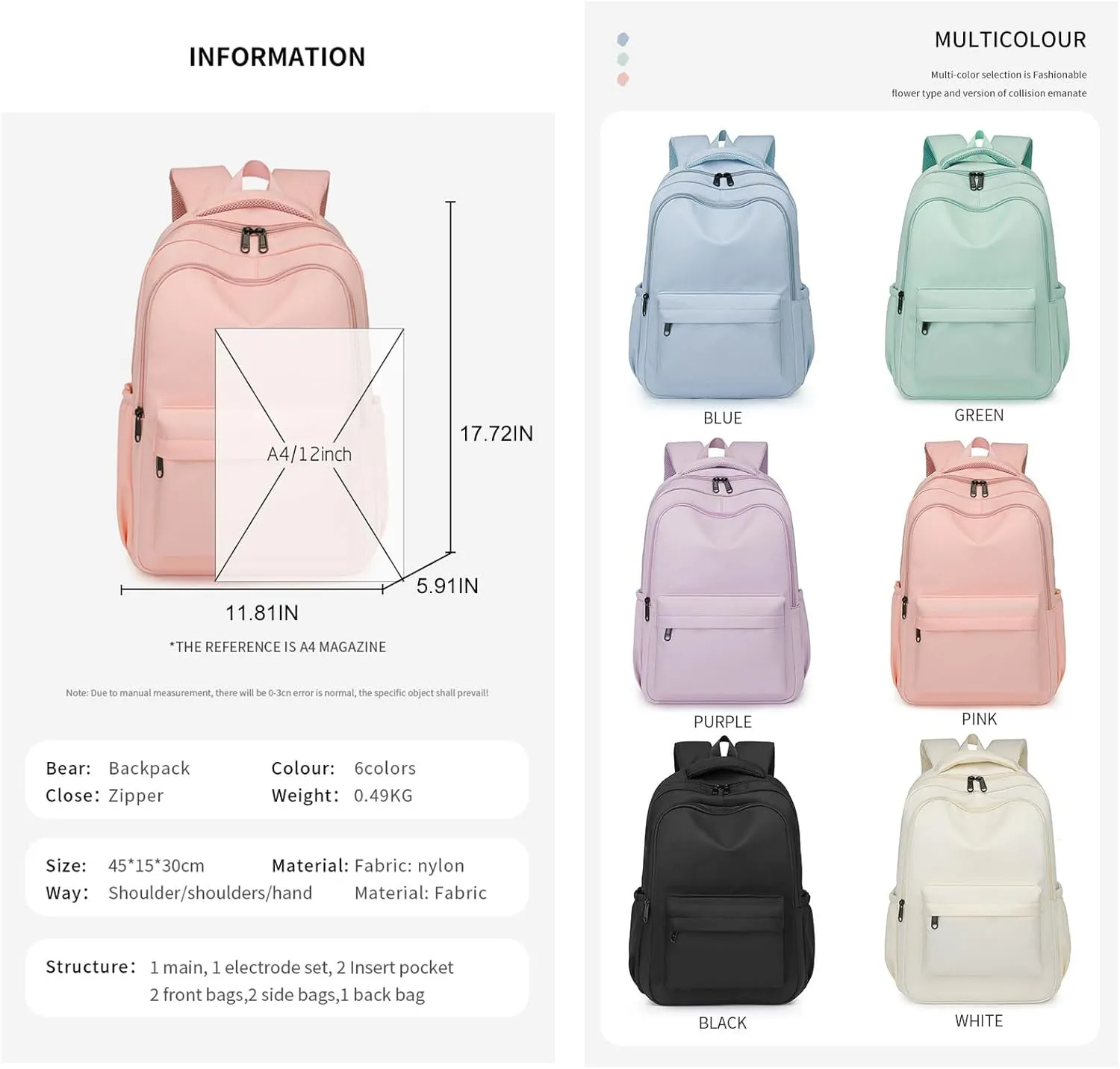 Cute Aesthetic Backpack for School Supplies, College Students, Laptop Bag, Large Capacity, Bookbags, Travel, Lightweight, Casual, Middle School Bag, Purple