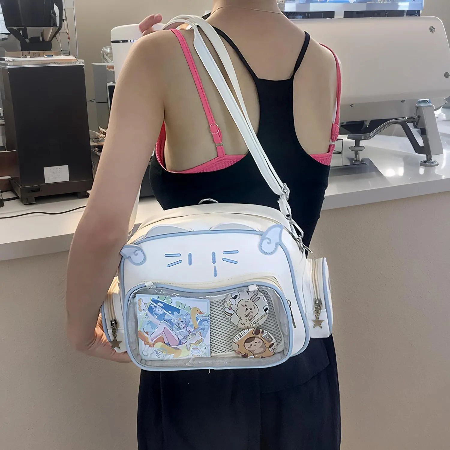 Cute Cat Ita Bag Backpack Crossbody Bag for Girls Kawaii Shoulder Bags Pin Display Backpack with Insert (White)