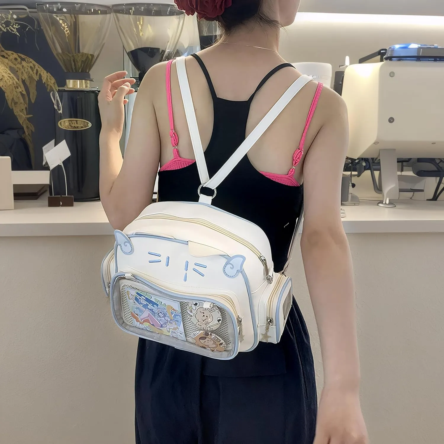 Cute Cat Ita Bag Backpack Crossbody Bag for Girls Kawaii Shoulder Bags Pin Display Backpack with Insert (White)