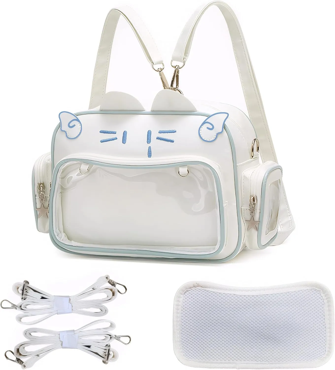 Cute Cat Ita Bag Backpack Crossbody Bag for Girls Kawaii Shoulder Bags Pin Display Backpack with Insert (White)